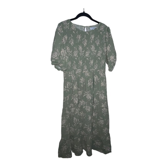NEW POLAGRAM Sage Green Floral Puff Sleeve Smocked Tiered Midi Dress Large - Picture 2 of 5